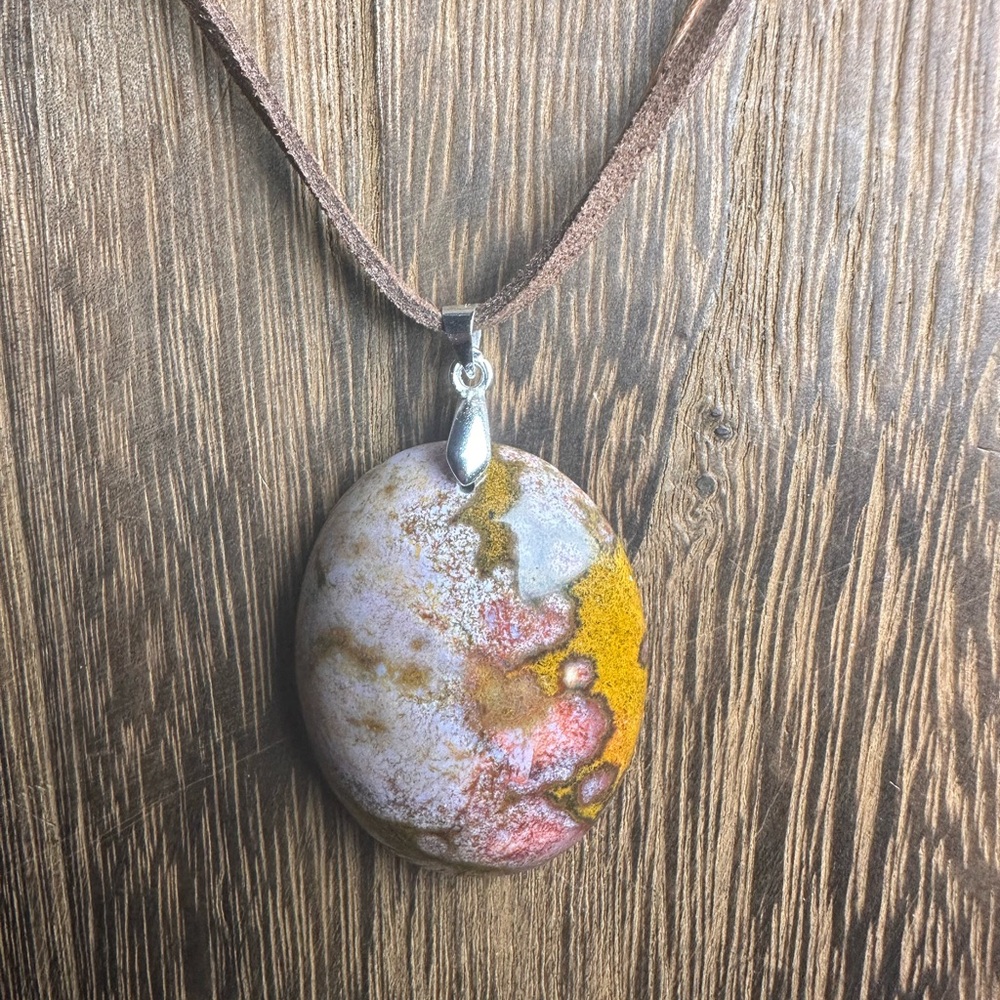 Ocean Jasper Oval Pendant Necklace on Brown Faux Suede - Picture 8 of 15